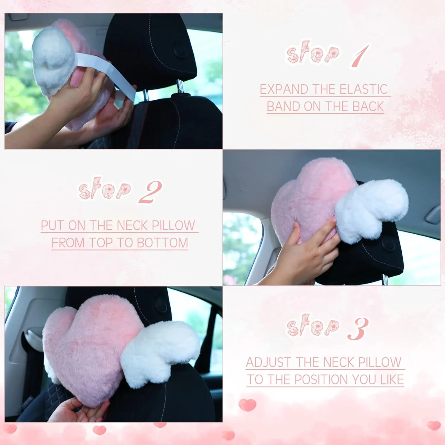 Macarrie 2 Pcs Plush Heart Shaped Pillow with Angel Wings Car Headrest Soft Comfortable Car Seat Pillow for Driving Travelling Room Office Car Decor, 19.7 x 8.3 Inch(Pink)