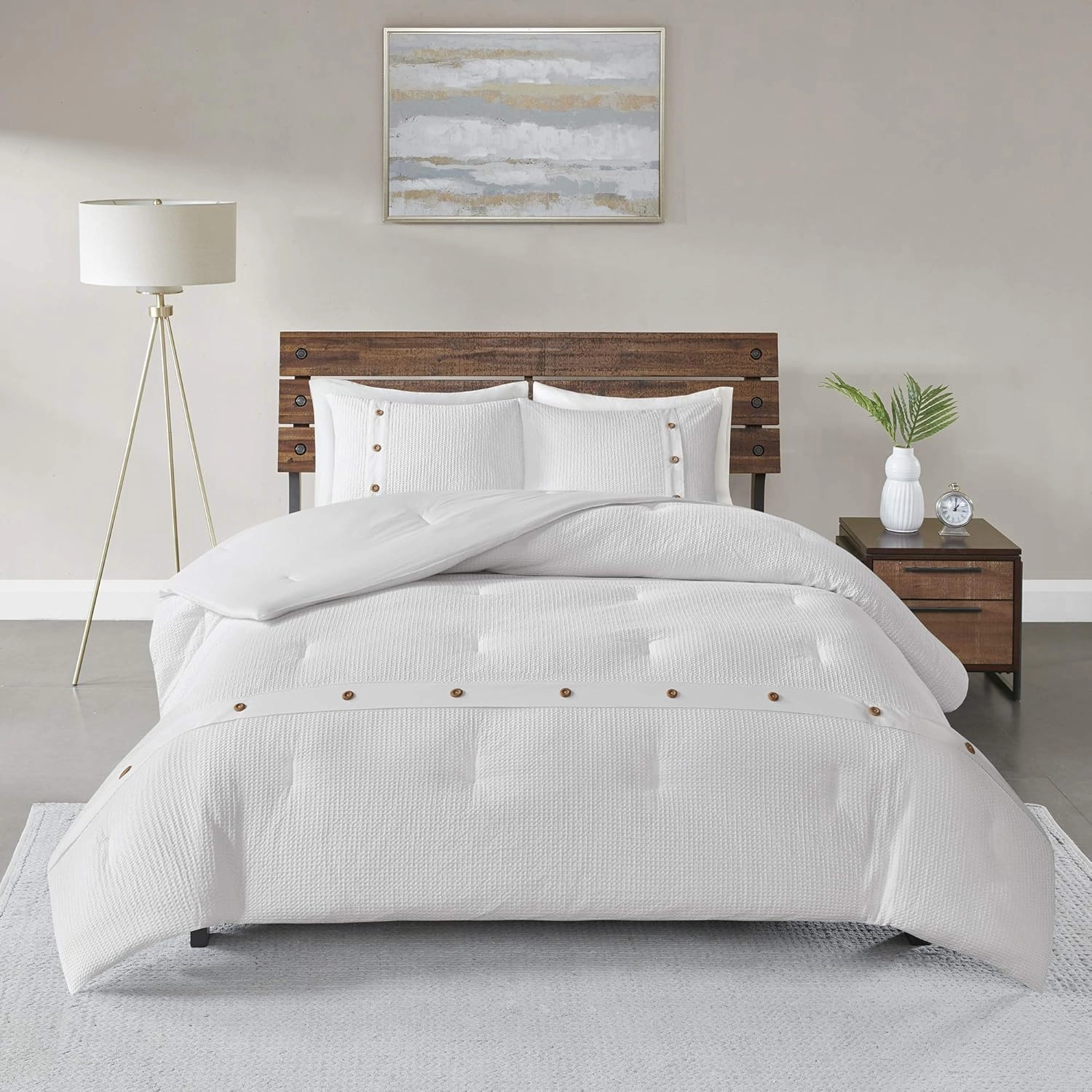 Madison Park Cozy Cotton Comforter Set Casual Modern Design All Season Bedding, Matching Shams, Full/Queen (90 in x 90 in), White 3 Piece