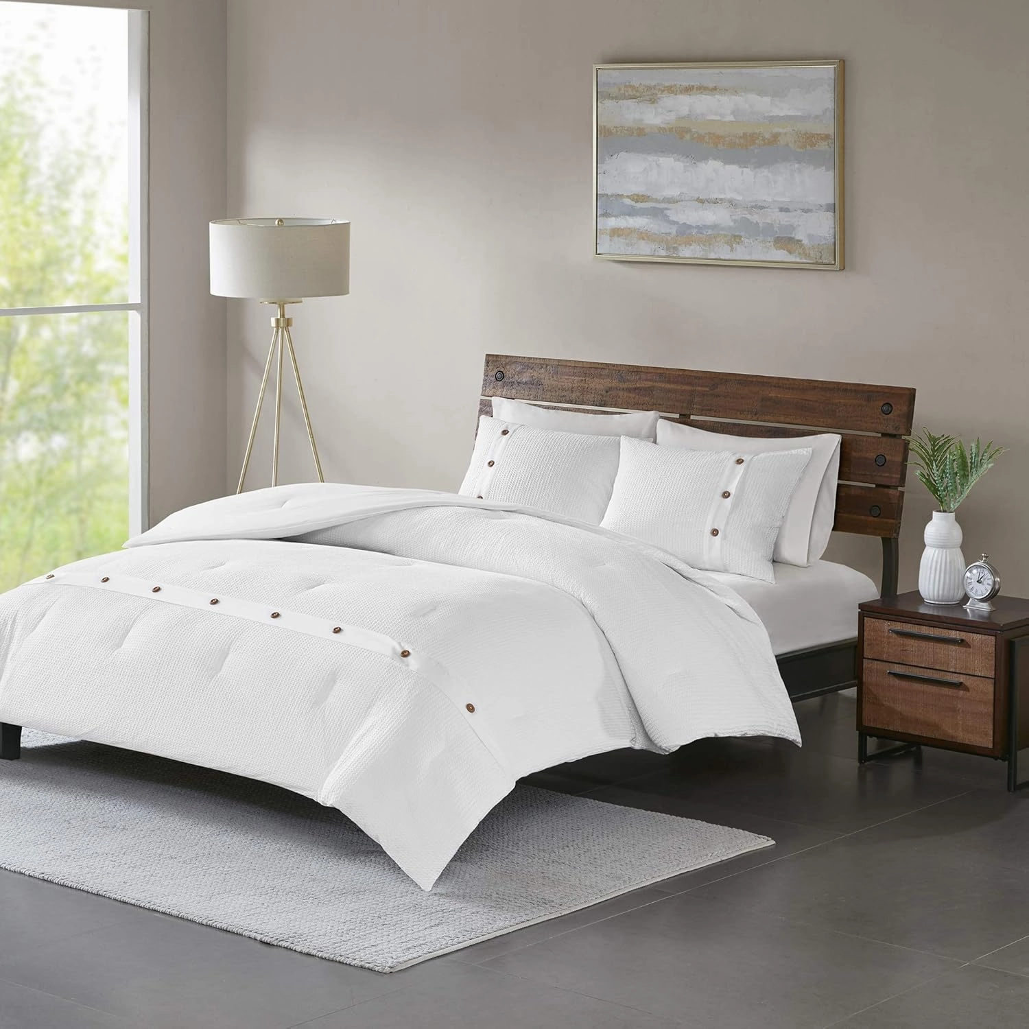 Madison Park Cozy Cotton Comforter Set Casual Modern Design All Season Bedding, Matching Shams, Full/Queen (90 in x 90 in), White 3 Piece