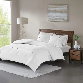 Madison Park Cozy Cotton Comforter Set Casual Modern Design All Season Bedding, Matching Shams, Full/Queen (90 in x 90 in), White 3 Piece