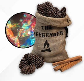 Magic Cones The Weekender Bundle-30 Color-Changing Pine Cones & Fatwood Firestarter Sticks – Perfect for Family Campfires, Bonfires, and Backyard Gatherings – USA-Made, and Fun Fire Enhancer Set