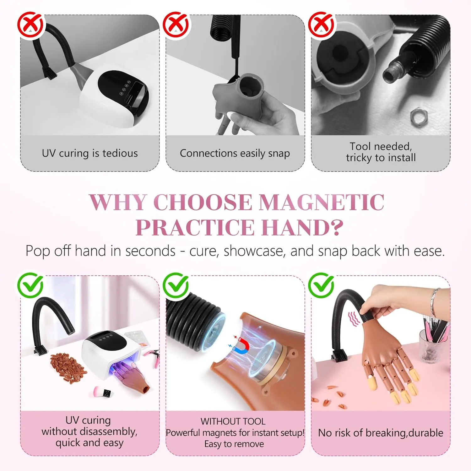 Magnetic Practice Hand for Acrylic Nails: Flexible Fake Hand Manicure Training Hand with Strengthen Nail Tips - Mannequin Hand Nail Kit for Beginners