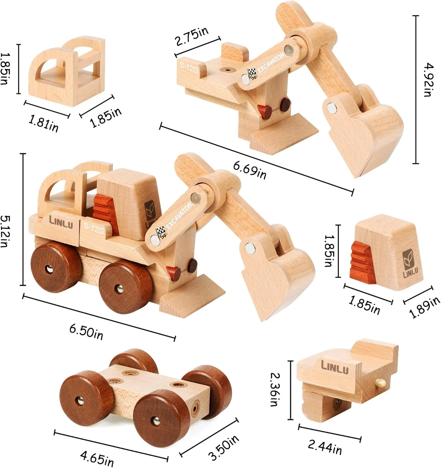 Magnetic Wooden Car Detachable Toy, Vehicle Model Assembly Toy with Magnet, Hand Push Toys for Christmas Birthday Party Car Theme(Excavator)