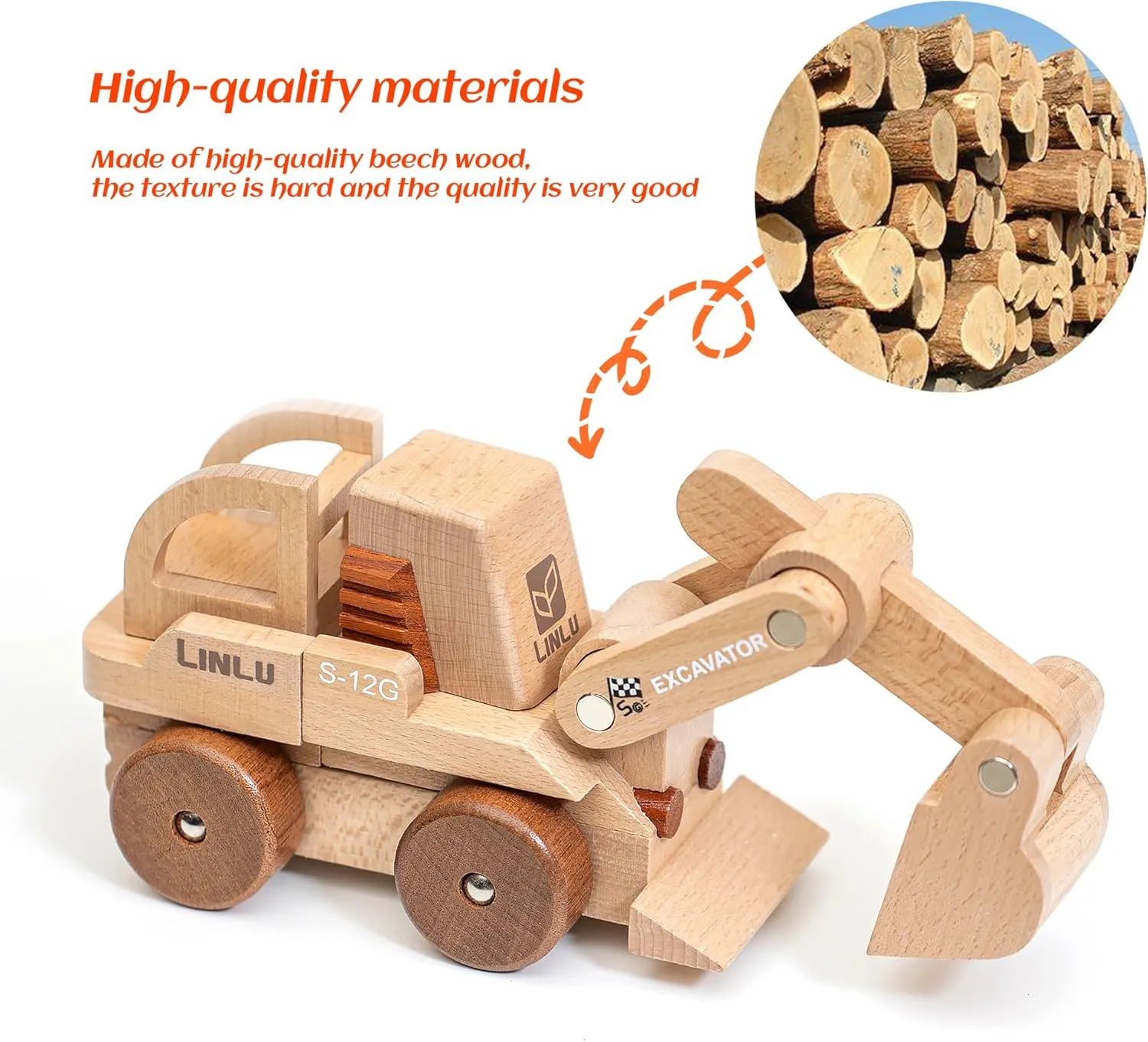 Magnetic Wooden Car Detachable Toy, Vehicle Model Assembly Toy with Magnet, Hand Push Toys for Christmas Birthday Party Car Theme(Excavator)