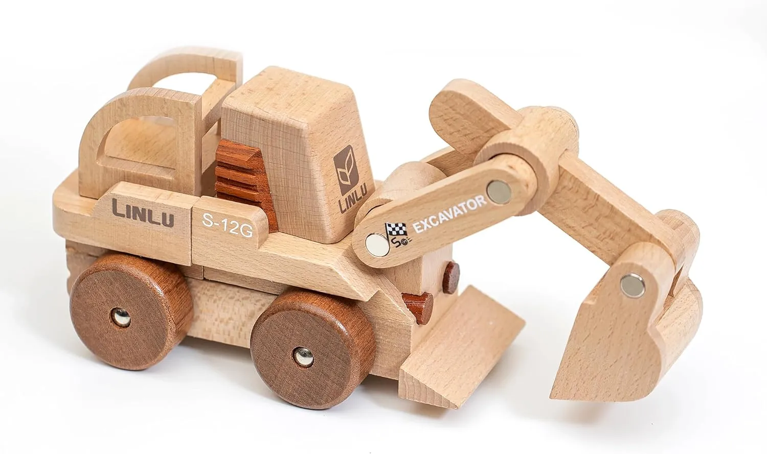 Magnetic Wooden Car Detachable Toy, Vehicle Model Assembly Toy with Magnet, Hand Push Toys for Christmas Birthday Party Car Theme(Excavator)