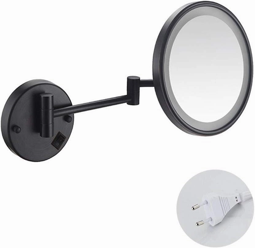Makeup Mirror with LED Light Shaving Mirror Wall Mounted 3X Magnification Extendable and Chrome Finished with Drilling/Without Drilling Single Side Round 8 in(Color :Exposed Plug)