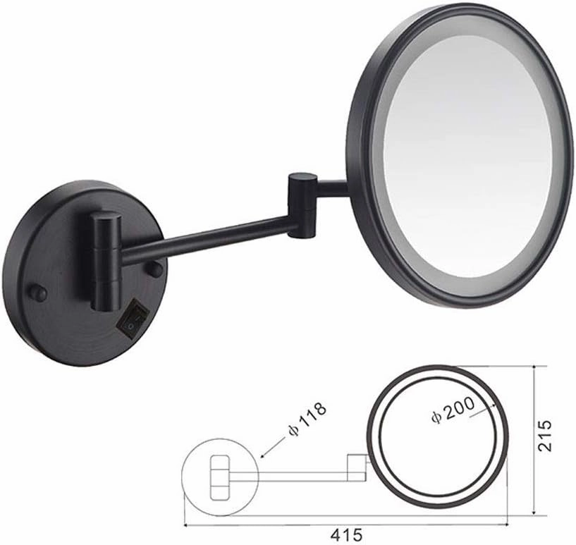 Makeup Mirror with LED Light Shaving Mirror Wall Mounted 3X Magnification Extendable and Chrome Finished with Drilling/Without Drilling Single Side Round 8 in(Color :Exposed Plug)