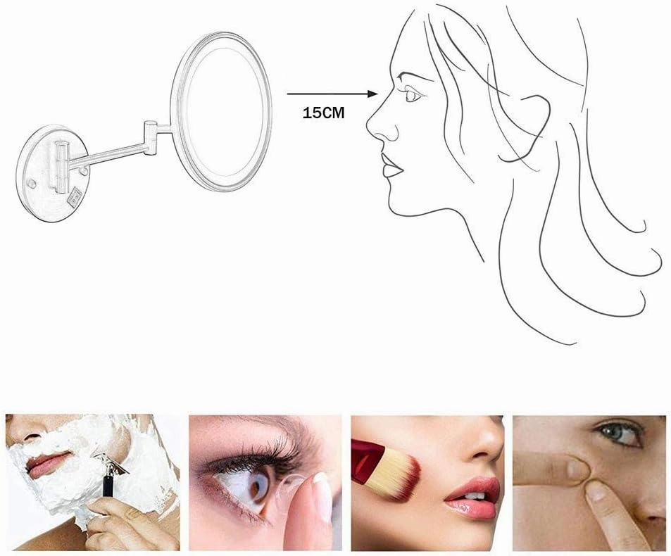 Makeup Mirror with LED Light Shaving Mirror Wall Mounted 3X Magnification Extendable and Chrome Finished with Drilling/Without Drilling Single Side Round 8 in(Color :Exposed Plug)