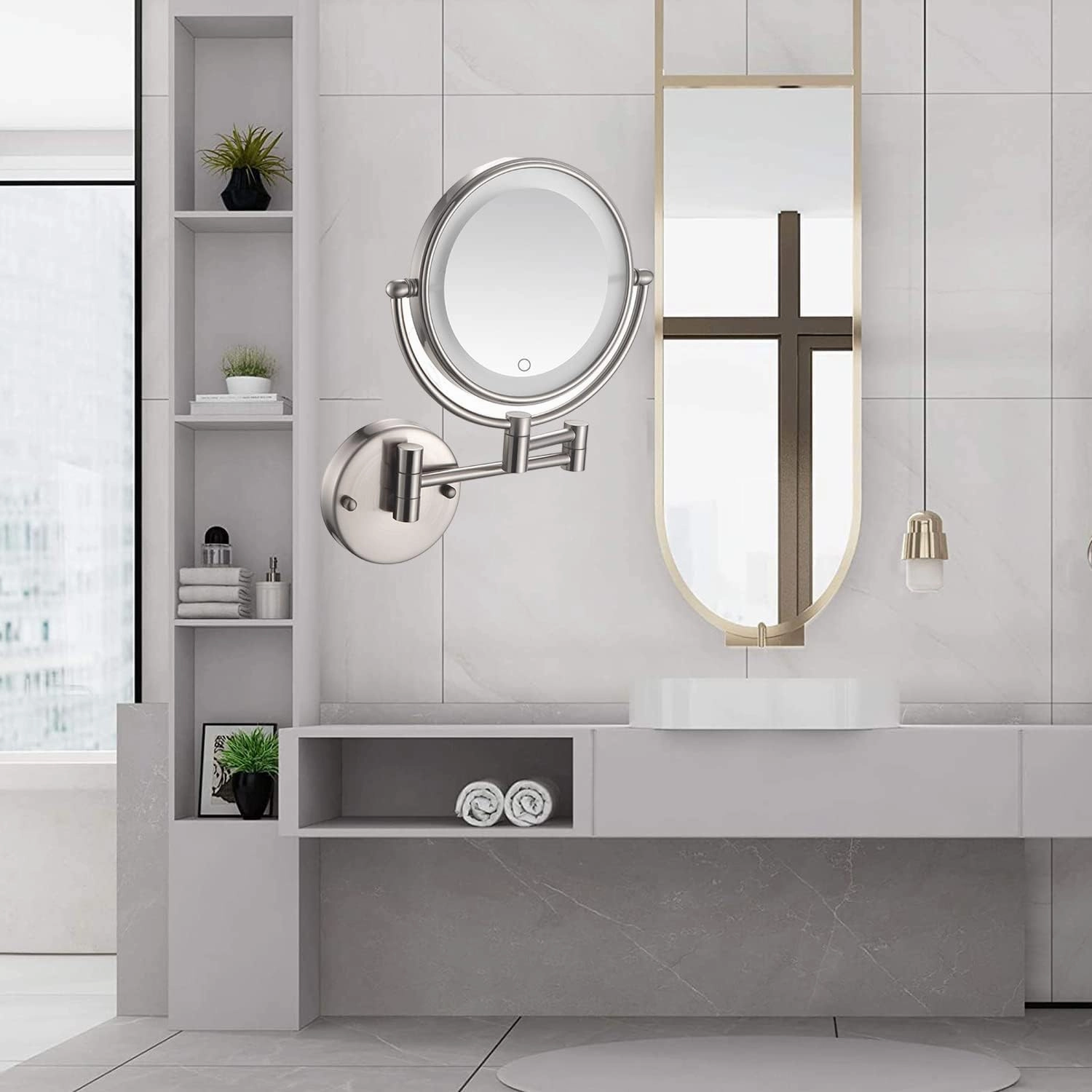 Makeup Mirror with Light, Brushed Nickel Shaving Mirror Wall-Mounted Magnifying Mirror Double Sided Extendable Mirror Premium Vanity Mirror with Touch Switch, USB Rechargeable