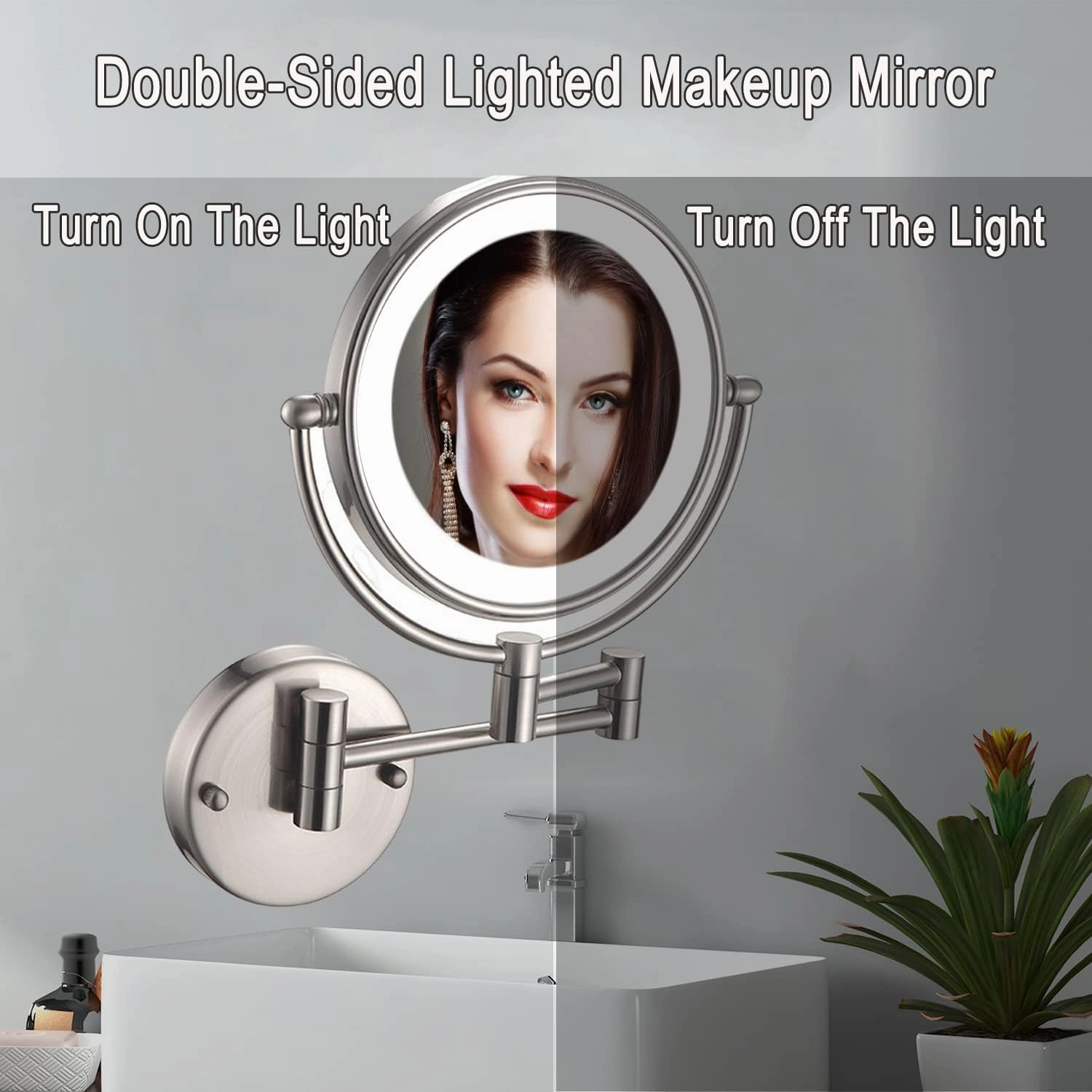 Makeup Mirror with Light, Brushed Nickel Shaving Mirror Wall-Mounted Magnifying Mirror Double Sided Extendable Mirror Premium Vanity Mirror with Touch Switch, USB Rechargeable