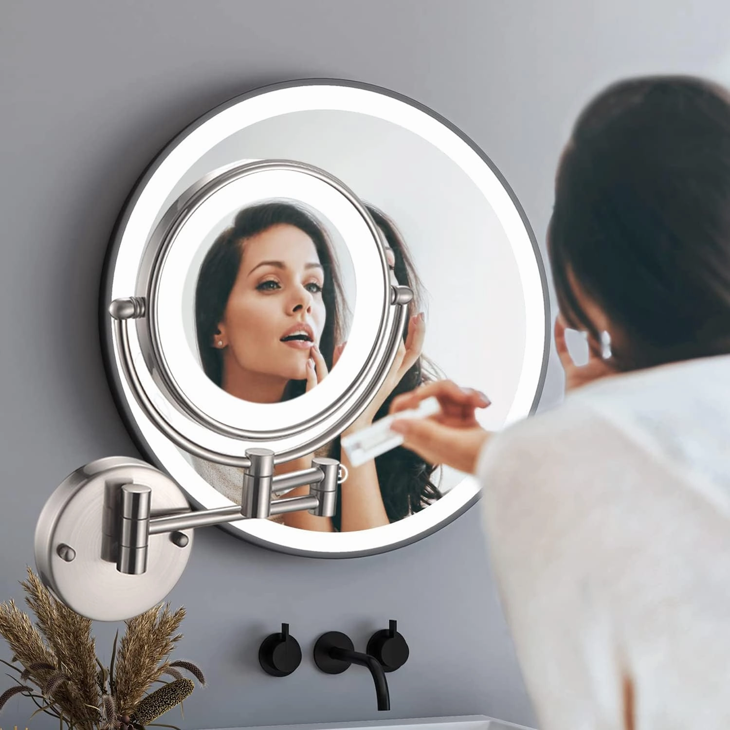 Makeup Mirror with Light, Brushed Nickel Shaving Mirror Wall-Mounted Magnifying Mirror Double Sided Extendable Mirror Premium Vanity Mirror with Touch Switch, USB Rechargeable