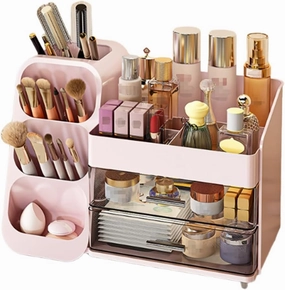 Makeup Organizer with Drawer, Skincare Products Perfume Desk Storage Box, Beauty Holder Rack for Lipstick Brush Eyeliner, Cosmetic Display Case for Dresser Countertop & Bathroom Vanity (Pink)
