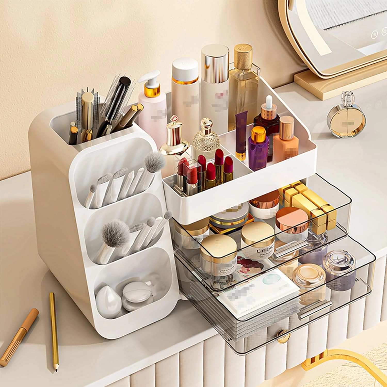 Makeup Organizer with Drawer, Skincare Products Perfume Desk Storage Box, Beauty Holder Rack for Lipstick Brush Eyeliner, Cosmetic Display Case for Dresser Countertop & Bathroom Vanity (Pink)