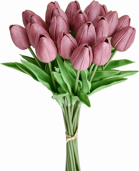 Mandy's 20pcs Mauve Artificial Tulip Silk Fake Flowers 13.5" for New Year Spring Mother's Day Easter Gifts in Bulk Home Kitchen Wedding Decorations