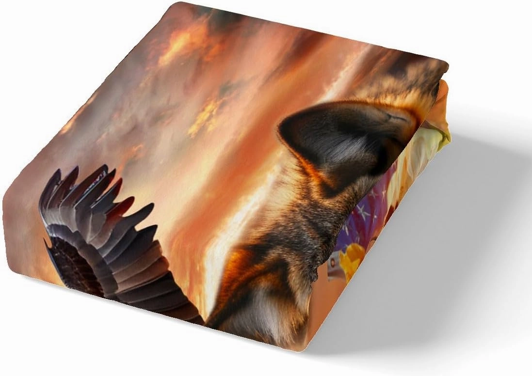 Manfei 3D Wolf Fitted Sheet Twin Size Eagle and American Flag Print Bed Cover Animal Theme Bedding Set 2pcs for Kids Boys Teens Room Decor, Sunset Landscape Bed Sheet Set with 1 Pillowcase