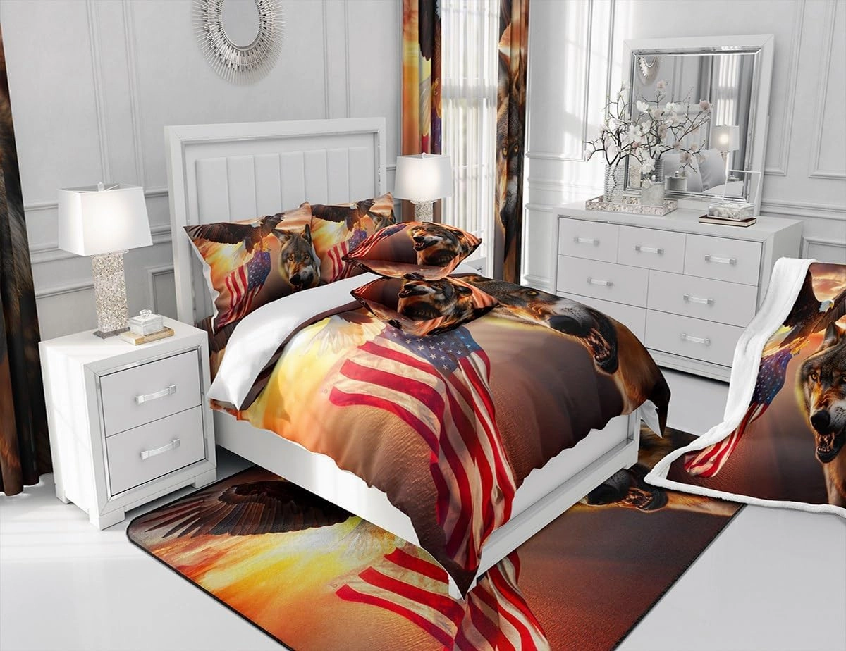 Manfei 3D Wolf Fitted Sheet Twin Size Eagle and American Flag Print Bed Cover Animal Theme Bedding Set 2pcs for Kids Boys Teens Room Decor, Sunset Landscape Bed Sheet Set with 1 Pillowcase