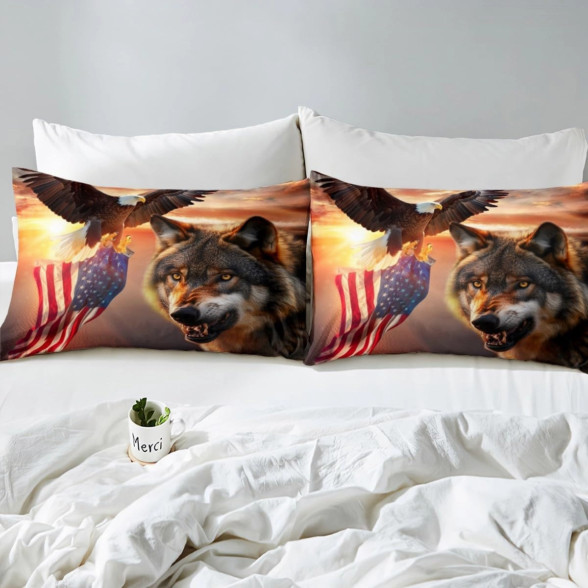 Manfei 3D Wolf Fitted Sheet Twin Size Eagle and American Flag Print Bed Cover Animal Theme Bedding Set 2pcs for Kids Boys Teens Room Decor, Sunset Landscape Bed Sheet Set with 1 Pillowcase