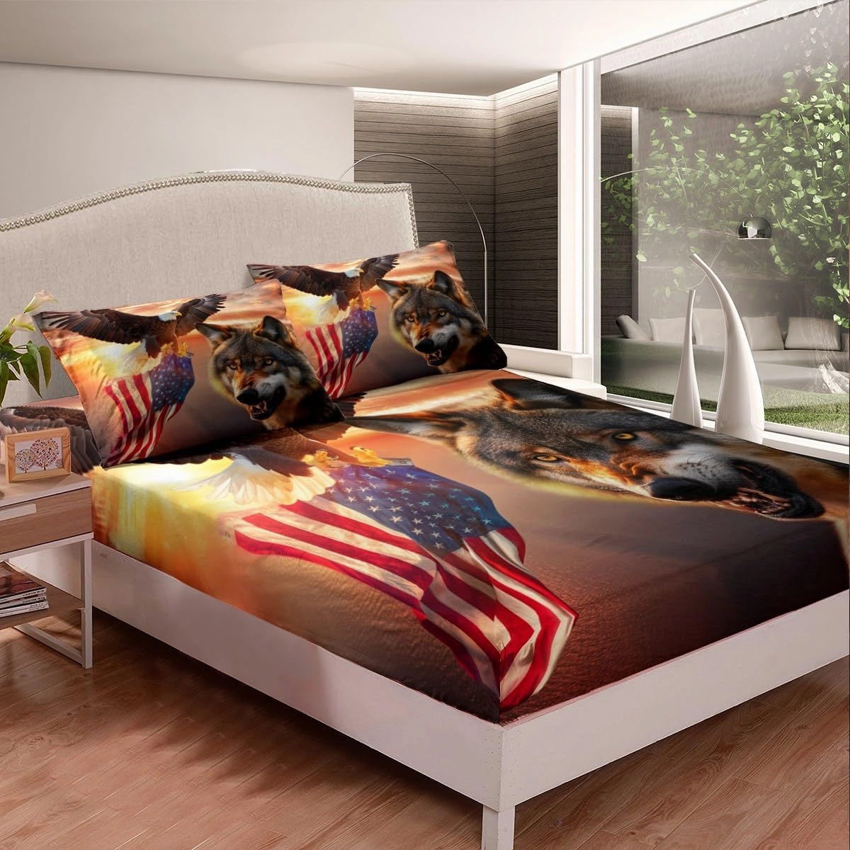 Manfei 3D Wolf Fitted Sheet Twin Size Eagle and American Flag Print Bed Cover Animal Theme Bedding Set 2pcs for Kids Boys Teens Room Decor, Sunset Landscape Bed Sheet Set with 1 Pillowcase