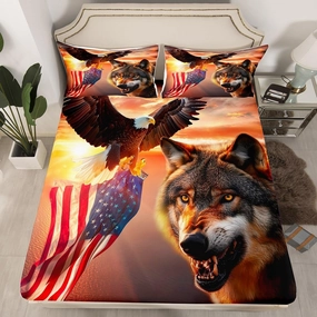 Manfei 3D Wolf Fitted Sheet Twin Size Eagle and American Flag Print Bed Cover Animal Theme Bedding Set 2pcs for Kids Boys Teens Room Decor, Sunset Landscape Bed Sheet Set with 1 Pillowcase