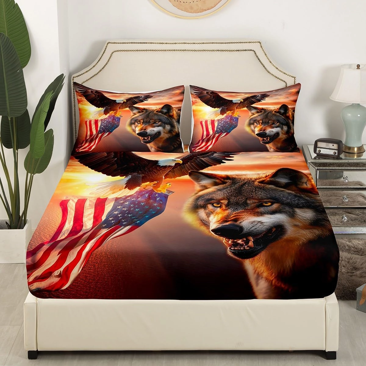 Manfei 3D Wolf Fitted Sheet Twin Size Eagle and American Flag Print Bed Cover Animal Theme Bedding Set 2pcs for Kids Boys Teens Room Decor, Sunset Landscape Bed Sheet Set with 1 Pillowcase
