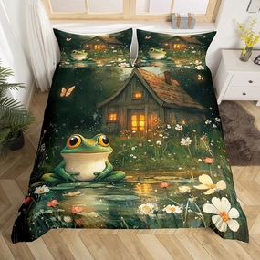 Manfei Lodge Frog Duvet Cover,Rustic Cabin Jungle Wild Animal Starry Quilt Cover(No Filler),Nature Daisy Flowers Lake Lotus Leaves Bedding Set with 2 Pillowcases,Adults Room Decor,King Size