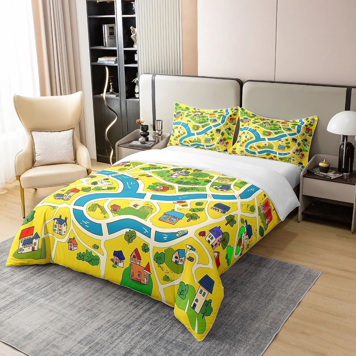 Manfei Rustic Countryside 100% Cotton Duvet Cover(No Comforter),Suburb House Tree River Hand Graffiti Bedding Set with 2 Pillowcases,Yellow Nature Roadway Landscape Quilt Cover,King Size