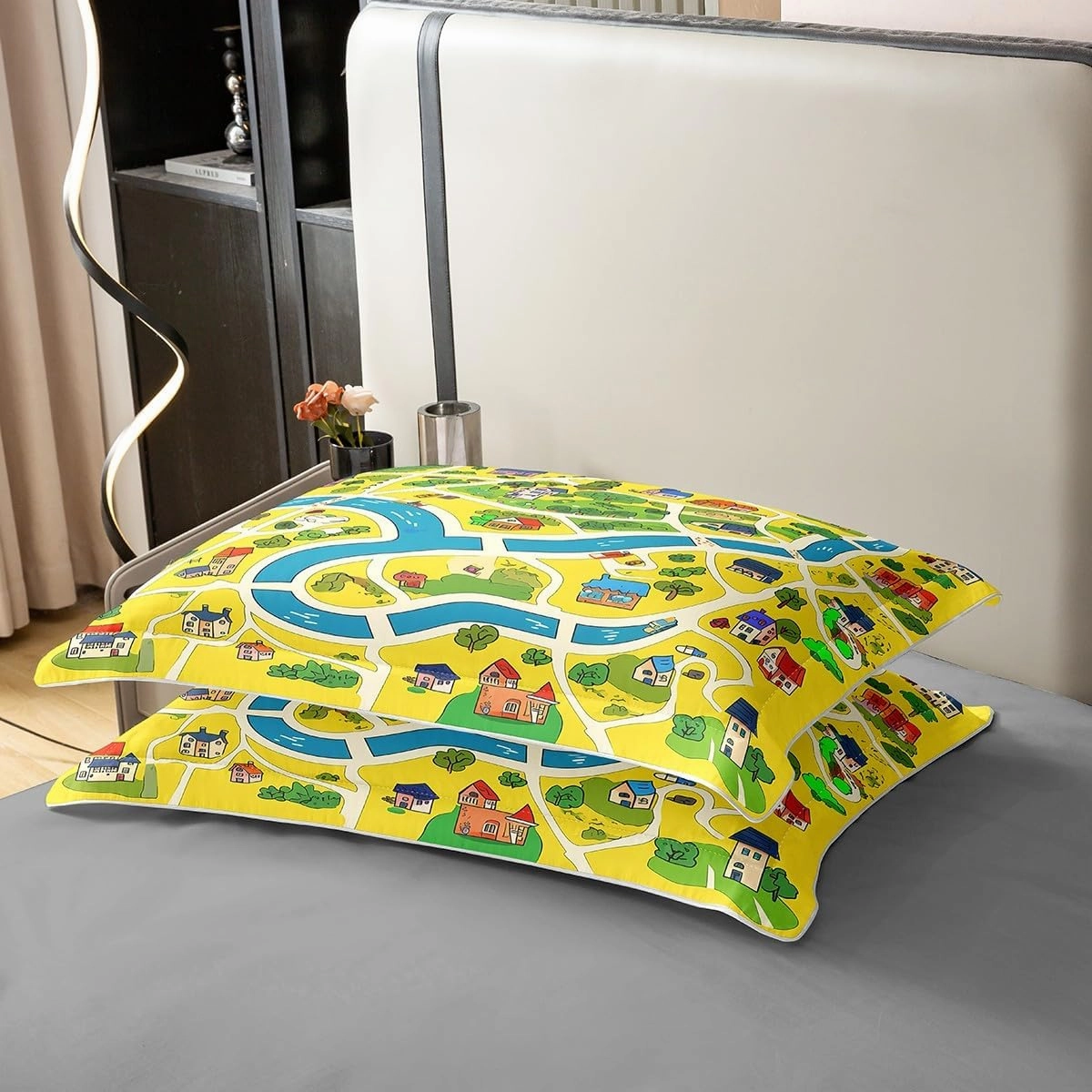 Manfei Rustic Countryside 100% Cotton Duvet Cover(No Comforter),Suburb House Tree River Hand Graffiti Bedding Set with 2 Pillowcases,Yellow Nature Roadway Landscape Quilt Cover,King Size
