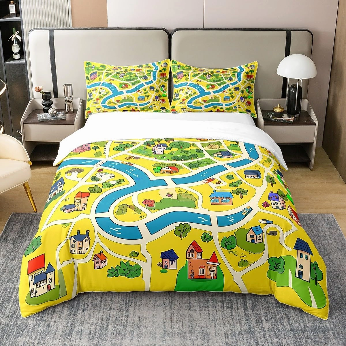 Manfei Rustic Countryside 100% Cotton Duvet Cover(No Comforter),Suburb House Tree River Hand Graffiti Bedding Set with 2 Pillowcases,Yellow Nature Roadway Landscape Quilt Cover,King Size