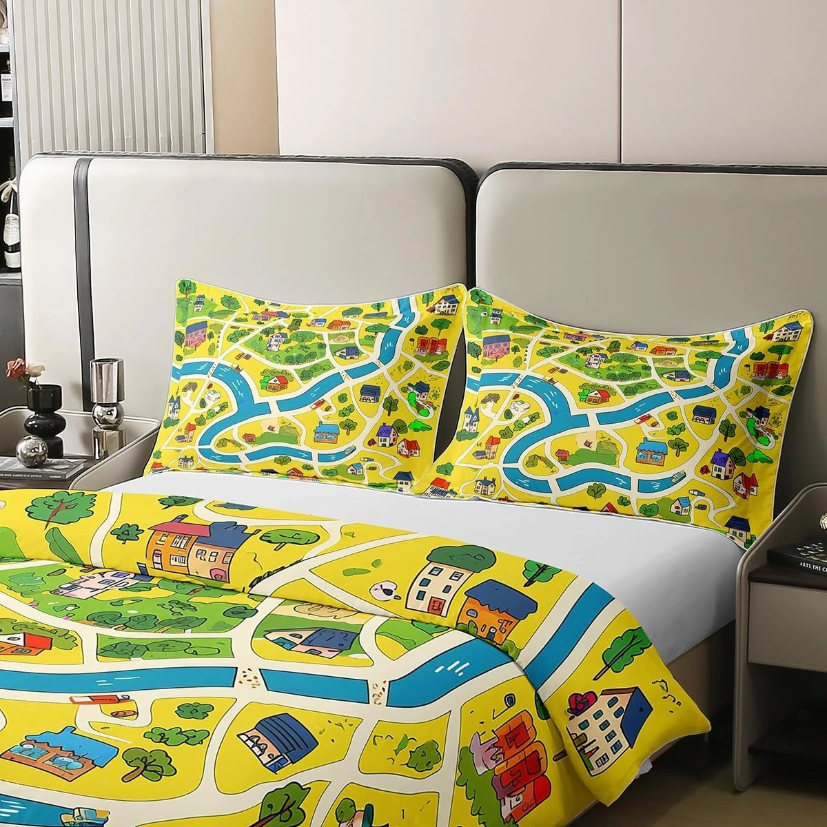 Manfei Rustic Countryside 100% Cotton Duvet Cover(No Comforter),Suburb House Tree River Hand Graffiti Bedding Set with 2 Pillowcases,Yellow Nature Roadway Landscape Quilt Cover,King Size