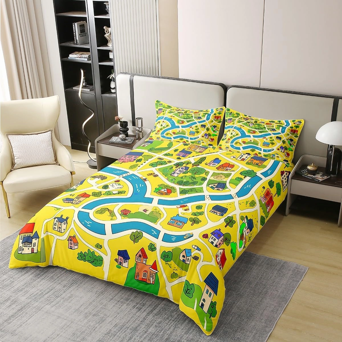 Manfei Rustic Countryside 100% Cotton Duvet Cover(No Comforter),Suburb House Tree River Hand Graffiti Bedding Set with 2 Pillowcases,Yellow Nature Roadway Landscape Quilt Cover,King Size