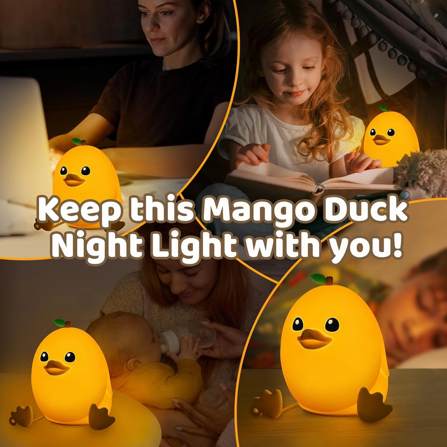 Mango Duck Night Light for Kids, 3 Level Dimmable Cute Duck Lamp with Remote Control, Silicone Kids Night Light, 1200 mAh Rechargeable, Bedside Lamp for Nursery Room Decor, Baby Gifts
