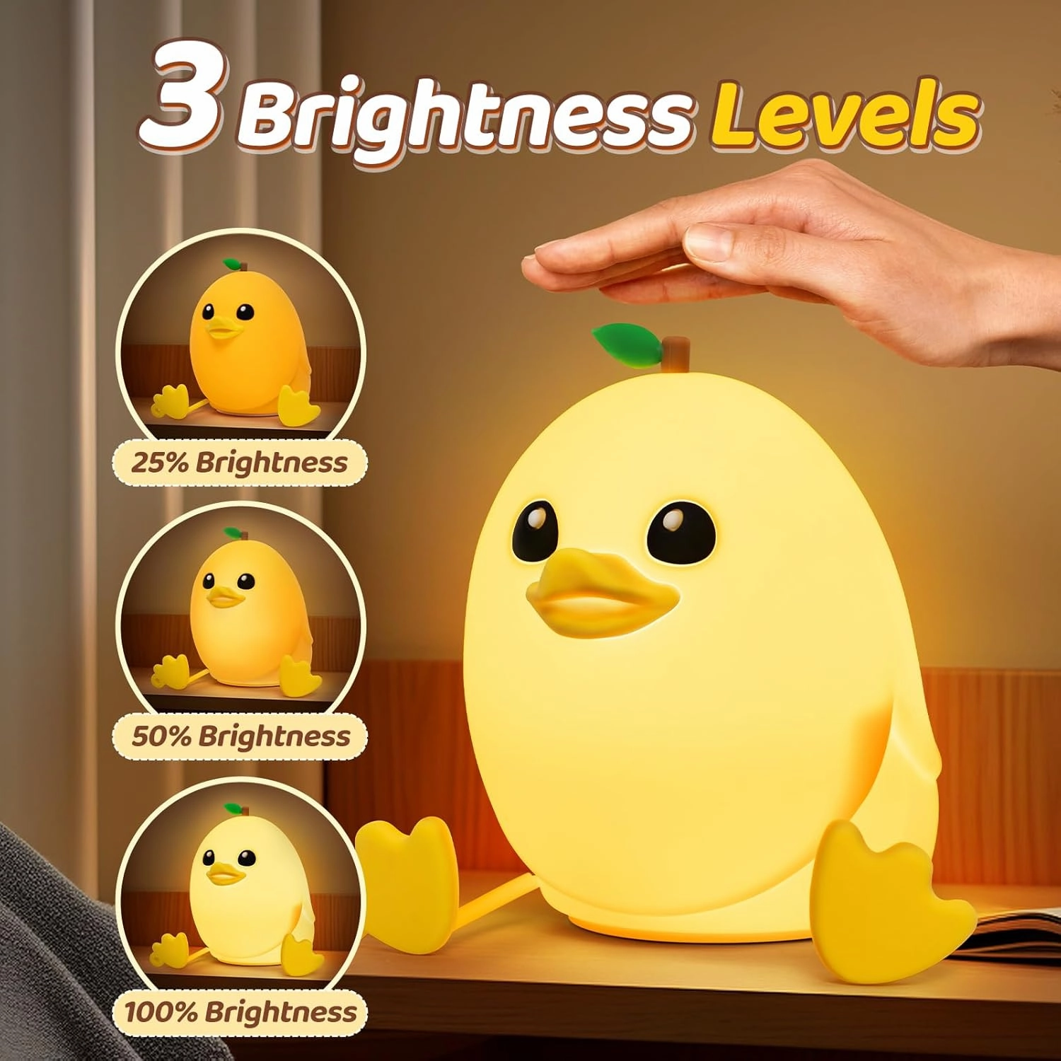 Mango Duck Night Light for Kids, 3 Level Dimmable Cute Duck Lamp with Remote Control, Silicone Kids Night Light, 1200 mAh Rechargeable, Bedside Lamp for Nursery Room Decor, Baby Gifts