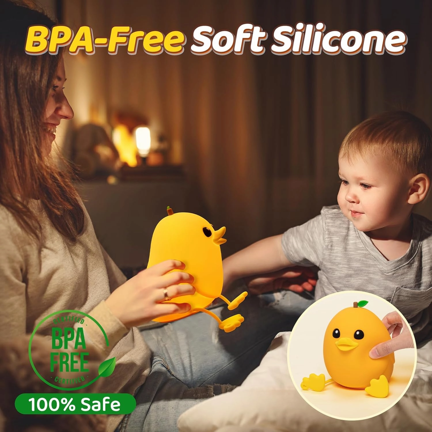 Mango Duck Night Light for Kids, 3 Level Dimmable Cute Duck Lamp with Remote Control, Silicone Kids Night Light, 1200 mAh Rechargeable, Bedside Lamp for Nursery Room Decor, Baby Gifts