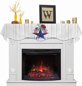 Mantle Scarf 60 x 17 Inch, Patriotic Star and Red Popies Wood Texture Welcome Fireplace Mantel Scarf Mantel Cover Runner for Home Living Room Indoor Holiday Party Decor