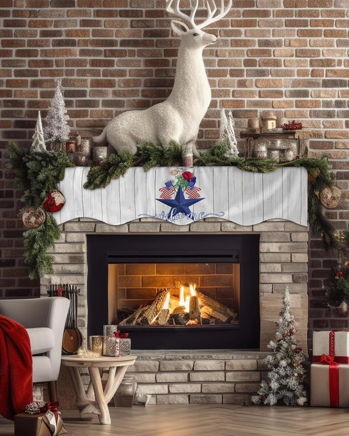 Mantle Scarf 60 x 17 Inch, Patriotic Star and Red Popies Wood Texture Welcome Fireplace Mantel Scarf Mantel Cover Runner for Home Living Room Indoor Holiday Party Decor