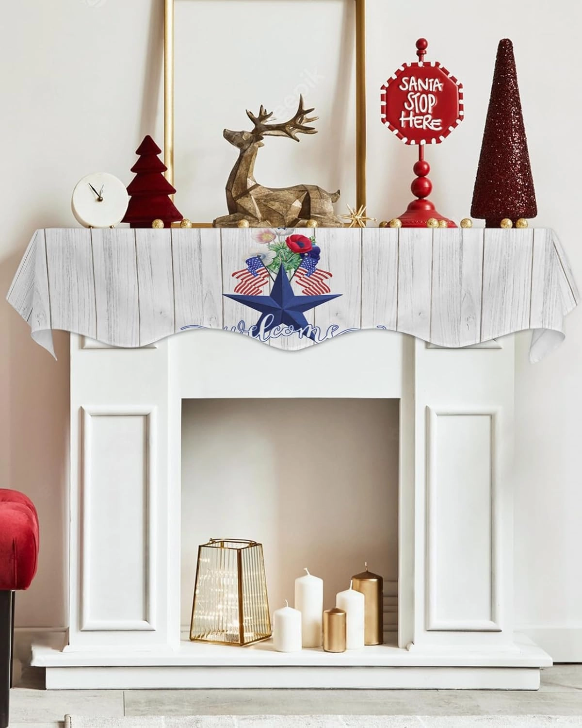 Mantle Scarf 60 x 17 Inch, Patriotic Star and Red Popies Wood Texture Welcome Fireplace Mantel Scarf Mantel Cover Runner for Home Living Room Indoor Holiday Party Decor