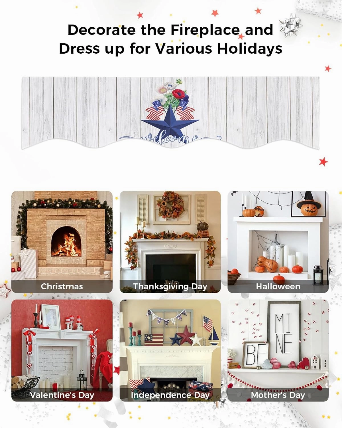 Mantle Scarf 60 x 17 Inch, Patriotic Star and Red Popies Wood Texture Welcome Fireplace Mantel Scarf Mantel Cover Runner for Home Living Room Indoor Holiday Party Decor