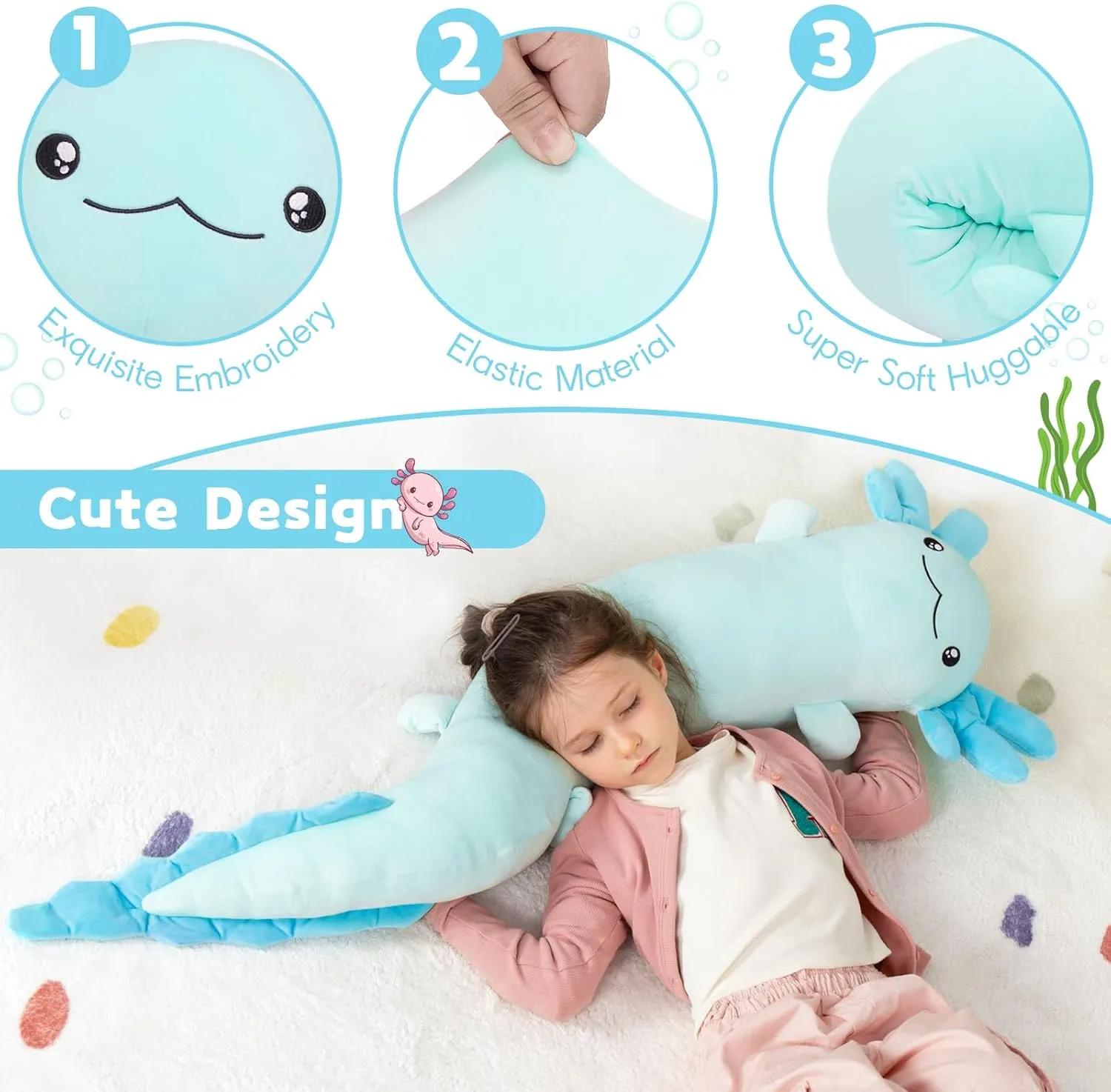MaoGoLan Large Axolotl Plush Body Pillow,Big Salamander Plush Pillow Toy,XL Axolotl Stuffed Animal for Kids, Salamander Plushies Glow in The Dark, Christmas Valentine Birthday Gifts Blue