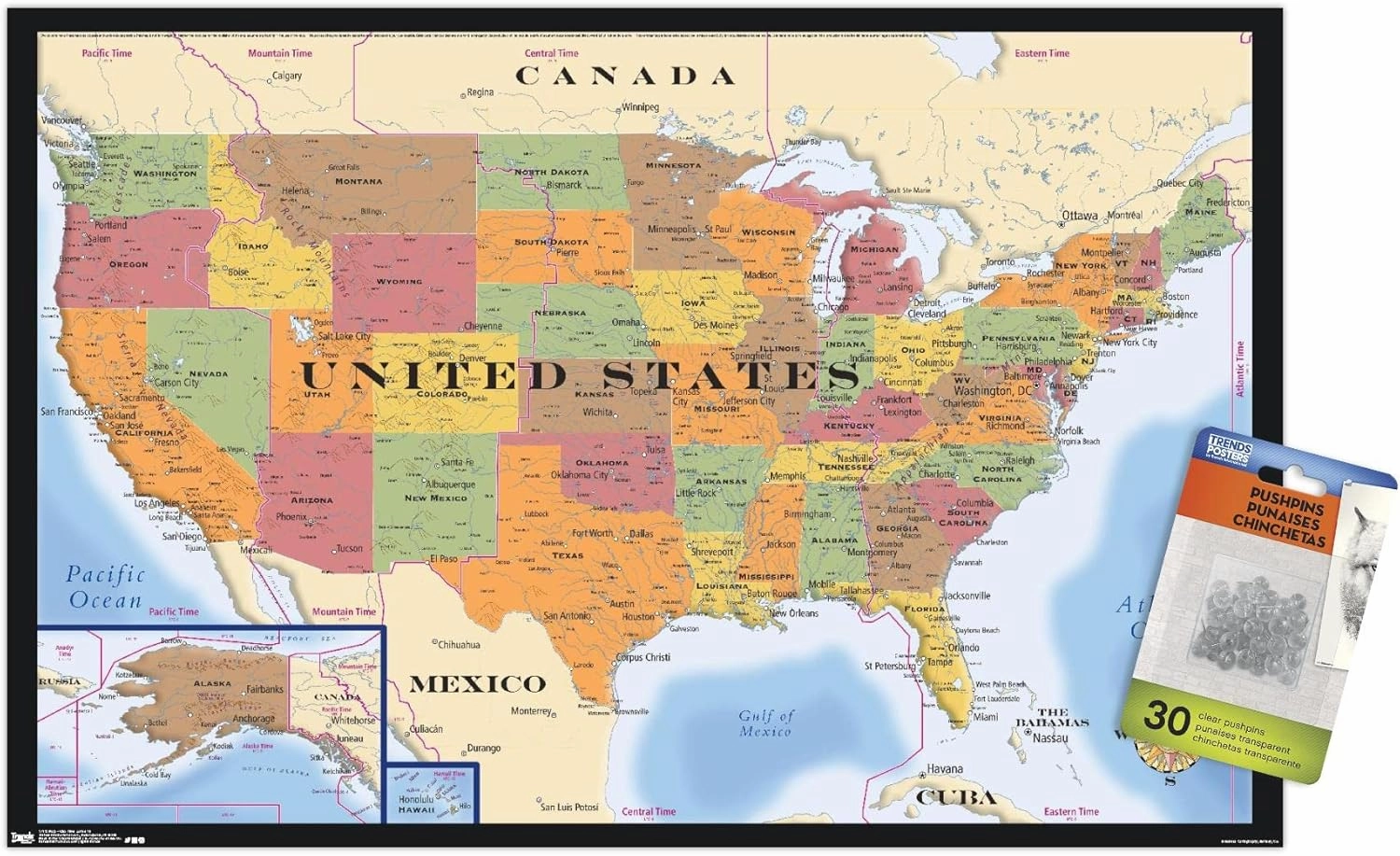 Map - USA Time Zones Wall Poster with Push Pins