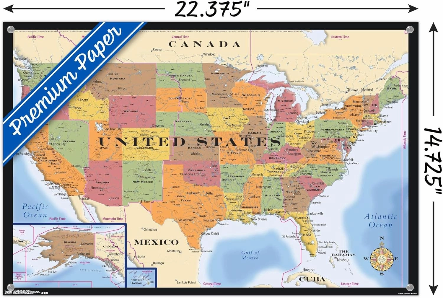 Map - USA Time Zones Wall Poster with Push Pins