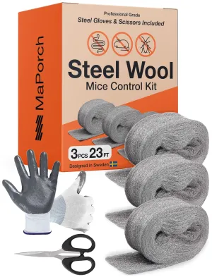MaPorch Steel Wool for Mice Control - Wool Gap Filler for Home & Garage - DIY Bundle with Gloves & Scissors - Mouse Deterrents That Work - 3 Pack, 3.2" x 7.5 ft