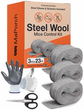 MaPorch Steel Wool for Mice Control - Wool Gap Filler for Home & Garage - DIY Bundle with Gloves & Scissors - Mouse Deterrents That Work - 3 Pack, 3.2" x 7.5 ft