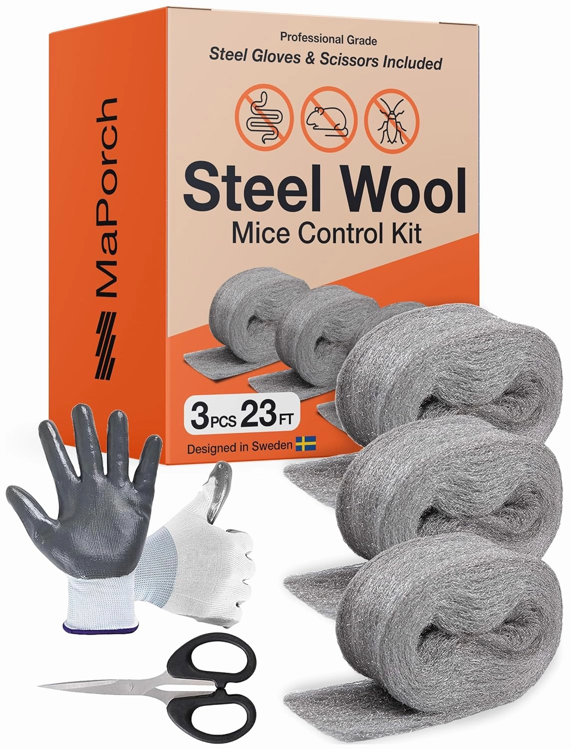 MaPorch Steel Wool for Mice Control - Wool Gap Filler for Home & Garage - DIY Bundle with Gloves & Scissors - Mouse Deterrents That Work - 3 Pack, 3.2" x 7.5 ft