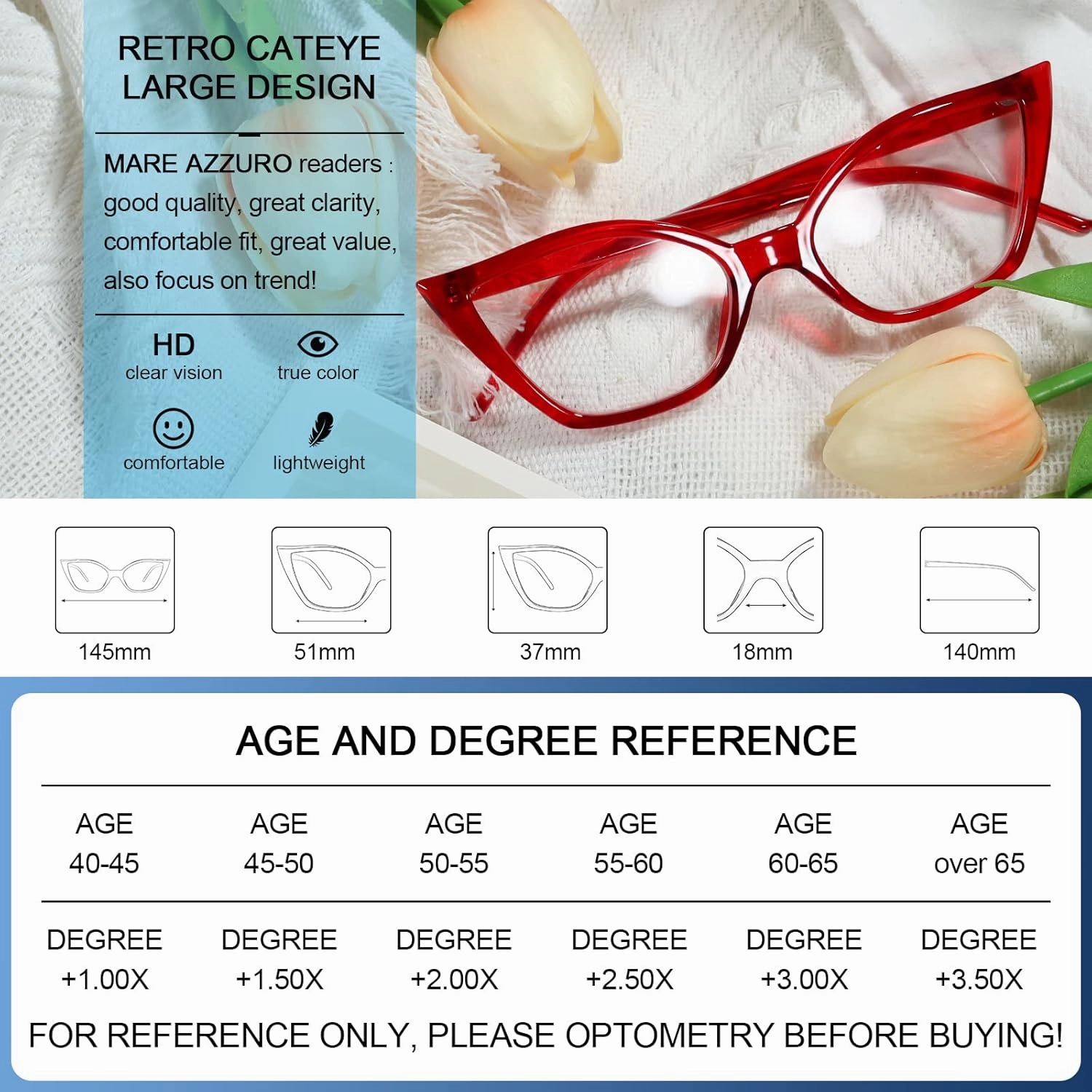 MARE AZZURO Cat Eye Reading Glasses Women Cute Readers 0 1.0 1.25 1.5 1.75 2.0 2.25 2.5 2.75 3.0 3.5 4.0 5.0 6.0 (Red, 275)