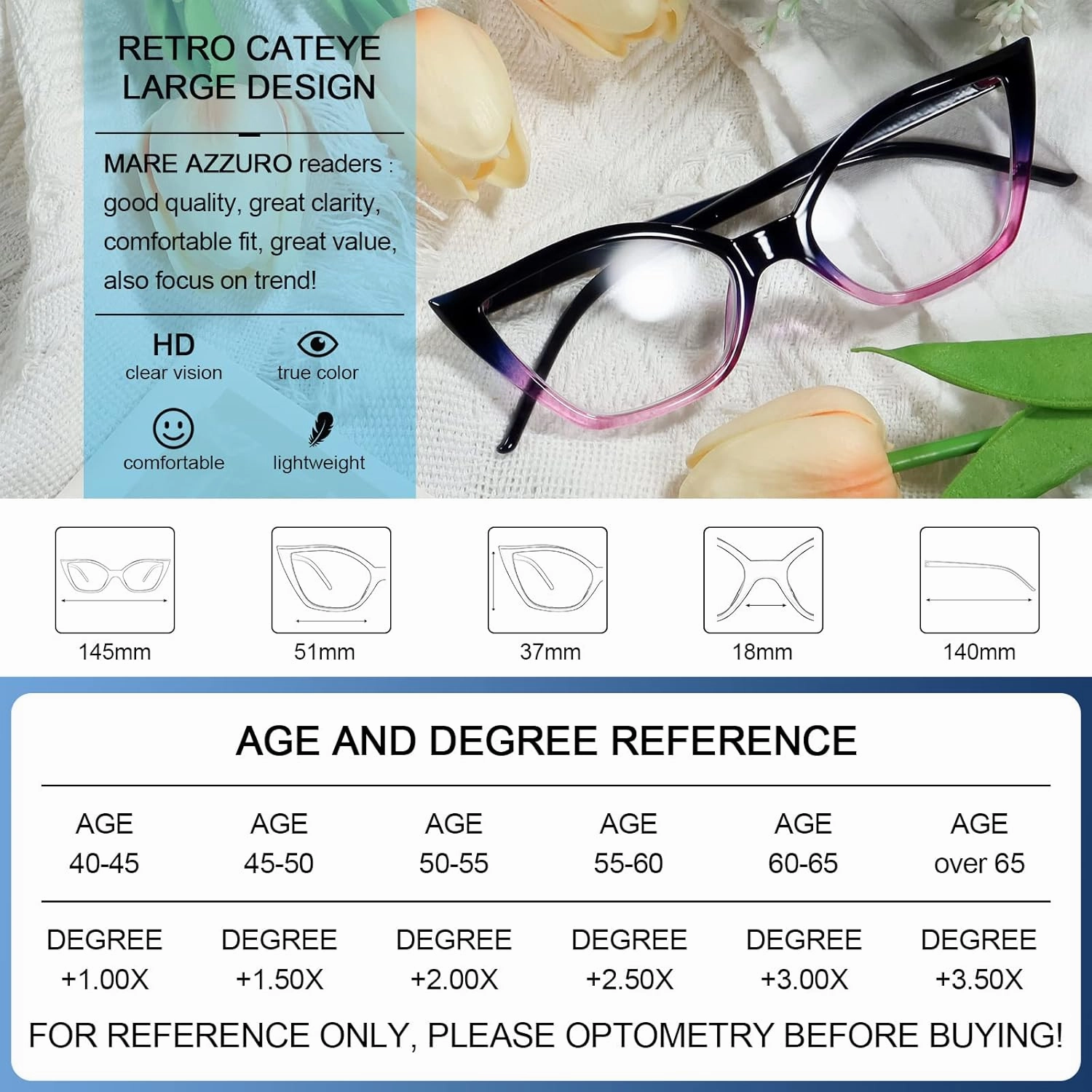MARE AZZURO Cat Eye Reading Glasses Women Retro Cute Readers 1.0 1.25 1.5 1.75 2.0 2.25 2.5 2.75 3.0 3.5 4.0 5.0 6.0 (Purple, 2.00)
