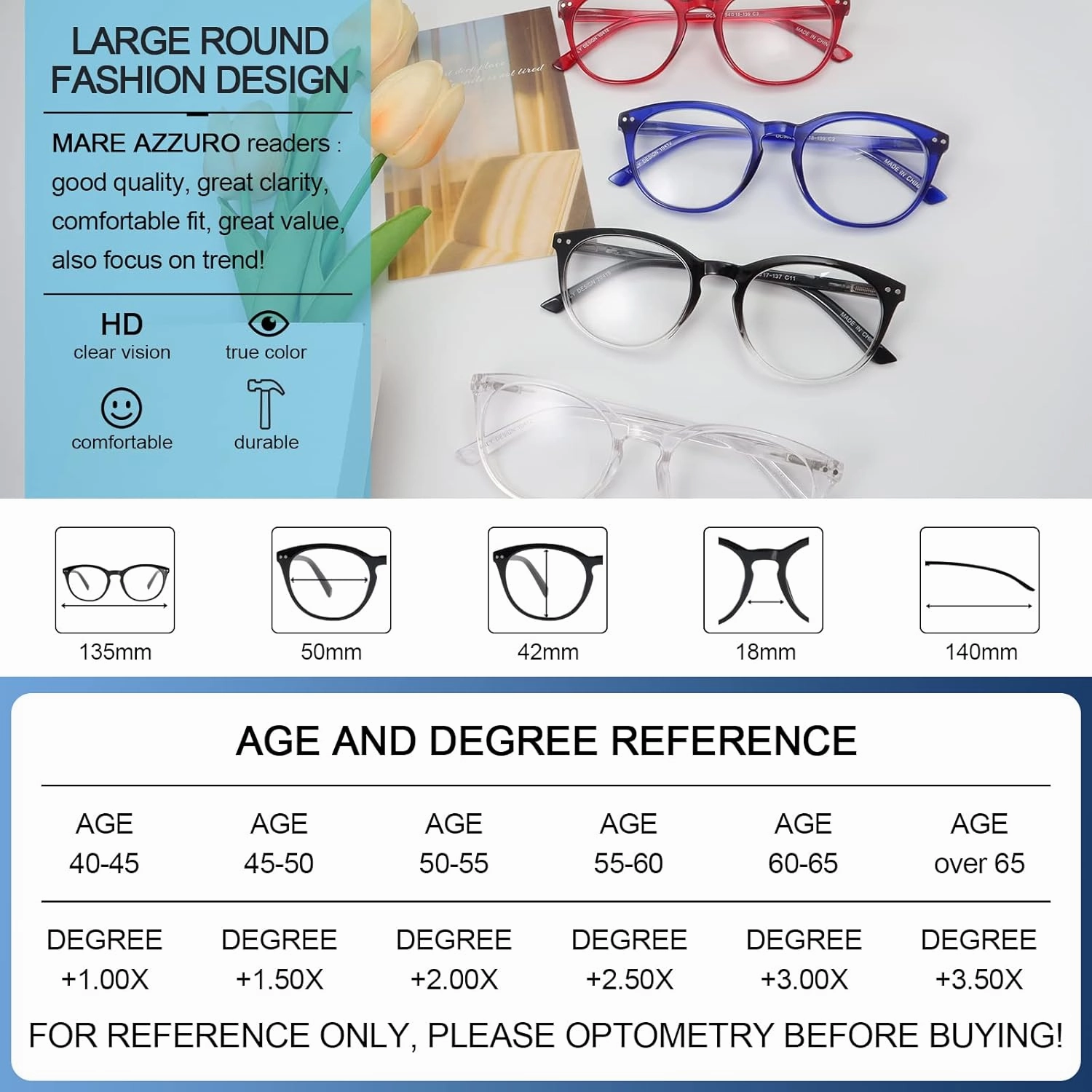 MARE AZZURO Large Reading Glasses Women Trendy Round Readers 1.00 1.25 1.50 1.75 2.00 2.25 2.50 2.75 3.00 3.50 4.00 5.00 6.00 (Black clear, 1.0)