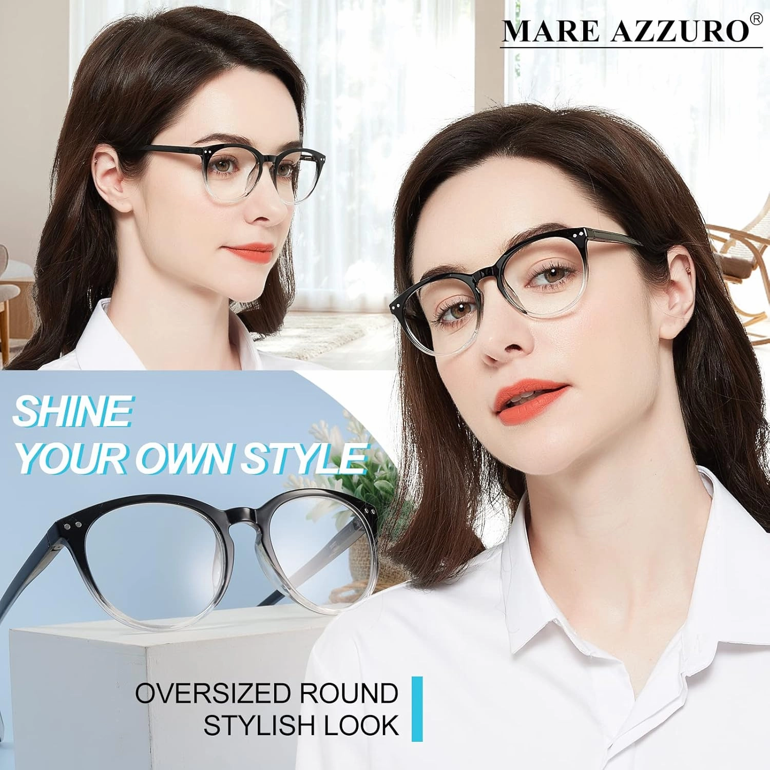MARE AZZURO Large Reading Glasses Women Trendy Round Readers 1.00 1.25 1.50 1.75 2.00 2.25 2.50 2.75 3.00 3.50 4.00 5.00 6.00 (Black clear, 1.0)