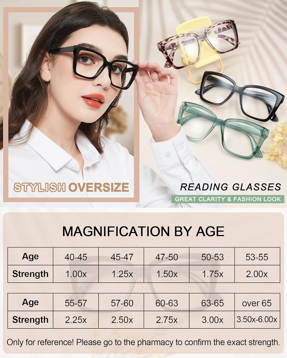 MARE AZZURO Oversized Reading Glasses Women Fashion Large Readers 1.0 1.25 1.5 1.75 2.0 2.25 2.5 2.75 3.0 3.5