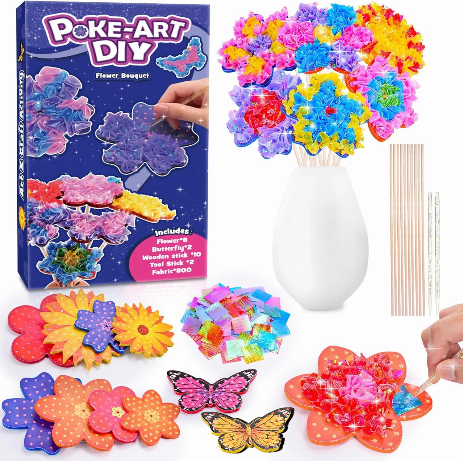 MDINGTD Toys for 4 5 6 7 8  Year Old Girls, Poke Art Flower Bouquet with 8 Flowers & 2 Butterflies Arts and Crafts for Girls Ages 4-12 DIY Creative Activity Birthday Christmas Gifts Craft Kits