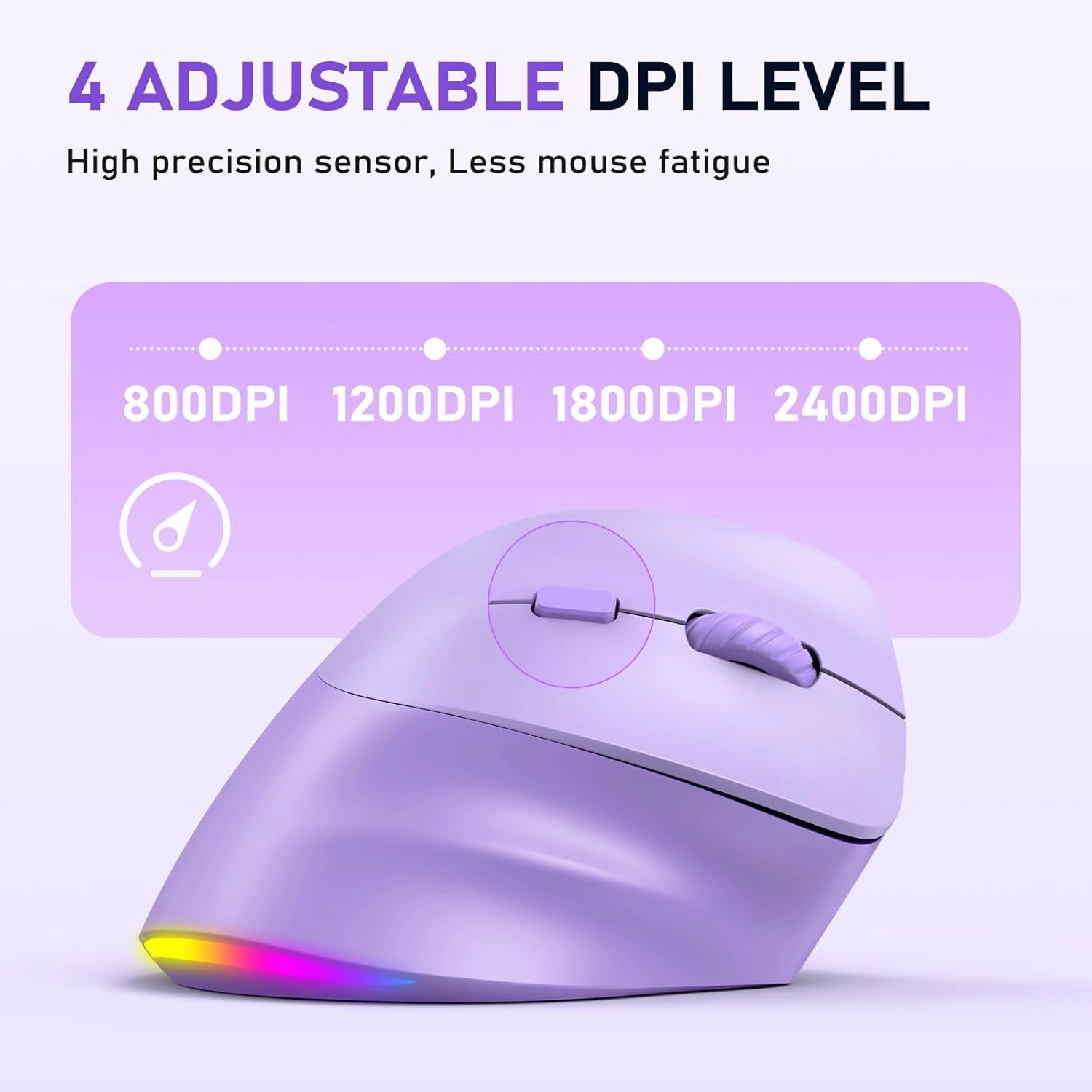 MEETION Ergonomic Mouse, Wireless Vertical Mouse RGB Backlit Rechargeable Mice for Bluetooth(5.2   3.0) & USB-A with USB-C Adapter 4 Adjustable DPI Compatible Mac/Windows/Andriod/PC/Tablet/iPad Purple